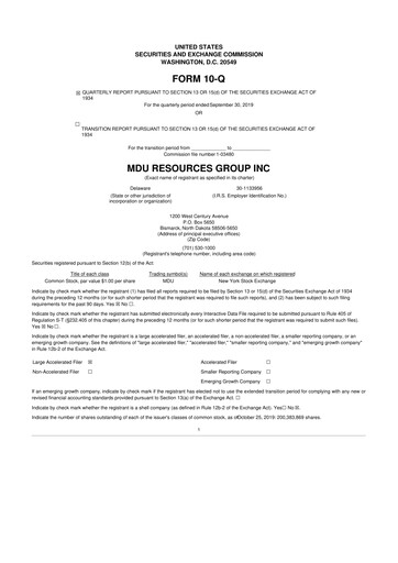 Thumbnail MDU Resources
 10-Q Quarterly Report FY2019 