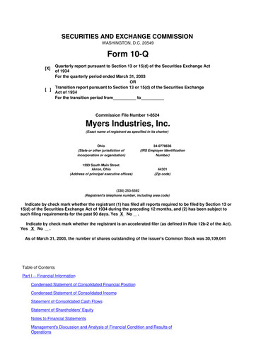 Miniature Myers Industries 10-Q Rapport trimestriel  