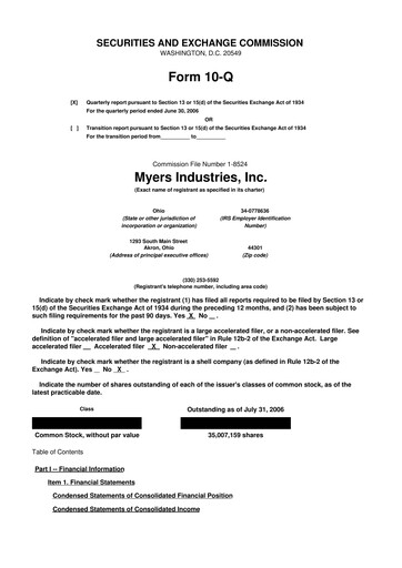 Miniature Myers Industries 10-Q Rapport trimestriel  