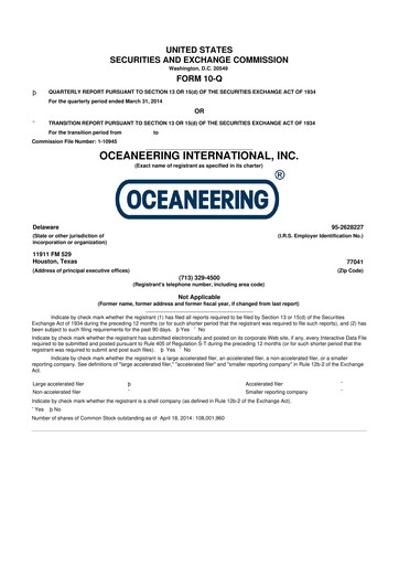 Thumbnail Oceaneering International
 10-Q Quarterly Report FY2014 