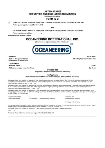 Thumbnail Oceaneering International
 10-Q Quarterly Report FY2018 