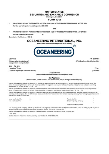 Thumbnail Oceaneering International
 10-Q Quarterly Report FY2018 