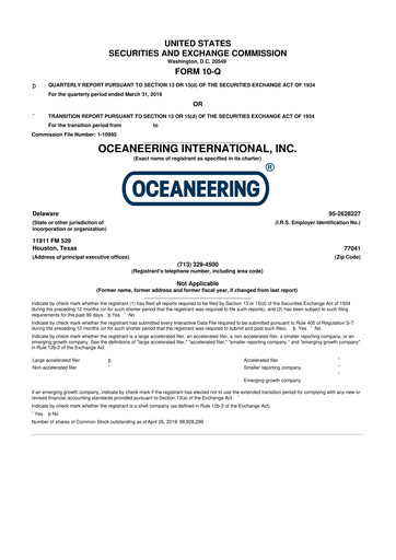 Thumbnail Oceaneering International
 10-Q Quarterly Report FY2019 