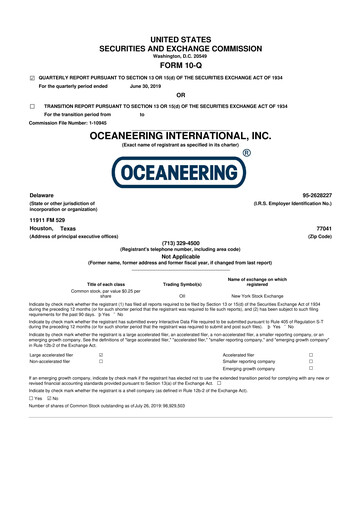 Thumbnail Oceaneering International
 10-Q Quarterly Report FY2019 