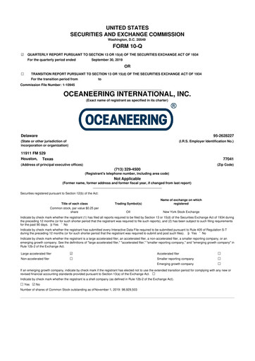 Thumbnail Oceaneering International
 10-Q Quarterly Report FY2019 