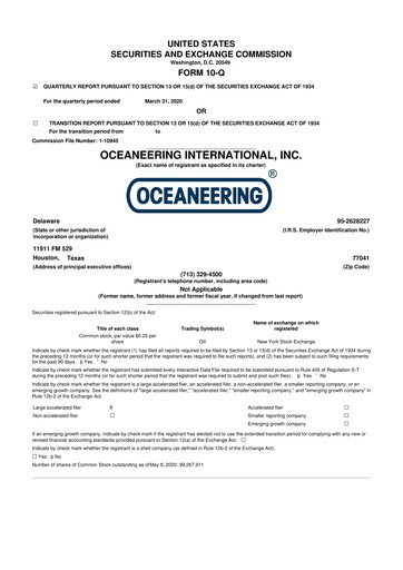 Thumbnail Oceaneering International
 10-Q Quarterly Report FY2020 