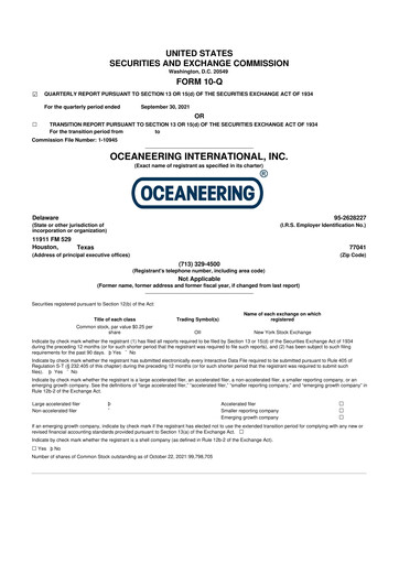 Thumbnail Oceaneering International
 10-Q Quarterly Report FY2021 