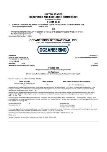 Thumbnail Oceaneering International
 10-Q Quarterly Report FY2022 