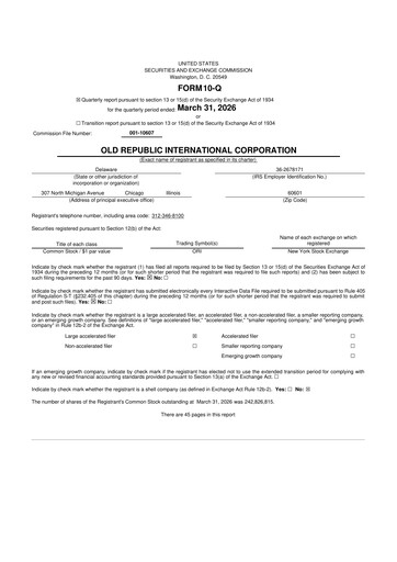 Miniature Old Republic International
 10-Q Rapport trimestriel  