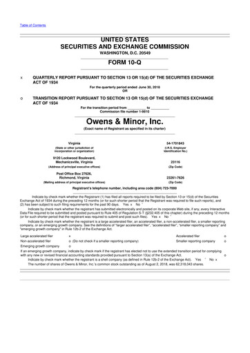 Thumbnail Owens & Minor

 10-Q Quarterly Report FY2018 