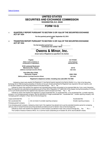 Thumbnail Owens & Minor

 10-Q Quarterly Report FY2018 