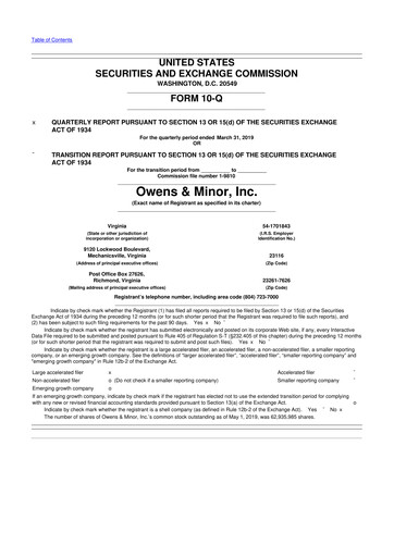 Thumbnail Owens & Minor

 10-Q Quarterly Report FY2019 