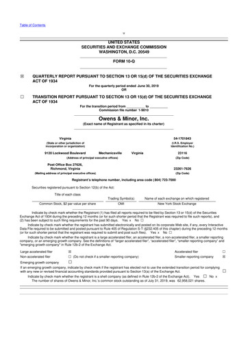 Thumbnail Owens & Minor

 10-Q Quarterly Report FY2019 