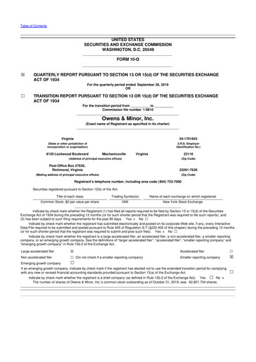 Thumbnail Owens & Minor

 10-Q Quarterly Report FY2019 