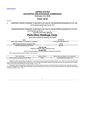 Thumbnail ParkOhio Holdings Corp. 10-Q Quarterly Report FY2019 