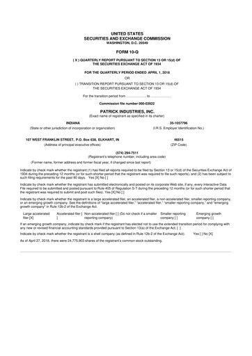 Thumbnail Patrick Industries 10-Q Quarterly Report FY2018 