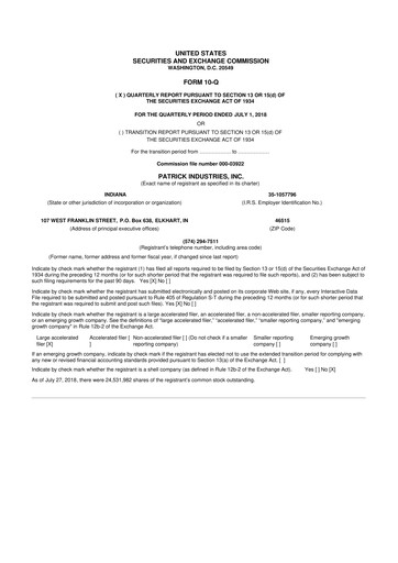 Thumbnail Patrick Industries 10-Q Quarterly Report FY2018 