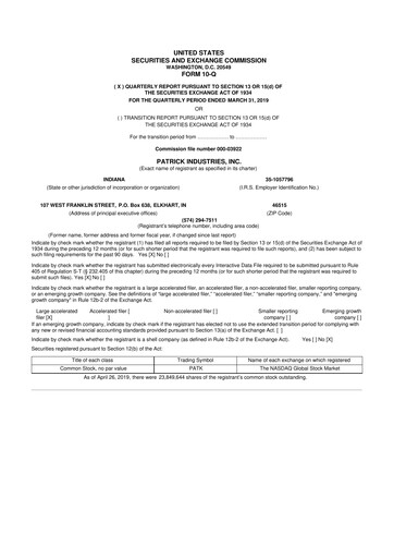 Thumbnail Patrick Industries 10-Q Quarterly Report FY2019 
