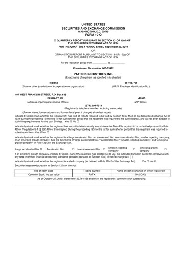 Thumbnail Patrick Industries 10-Q Quarterly Report FY2019 