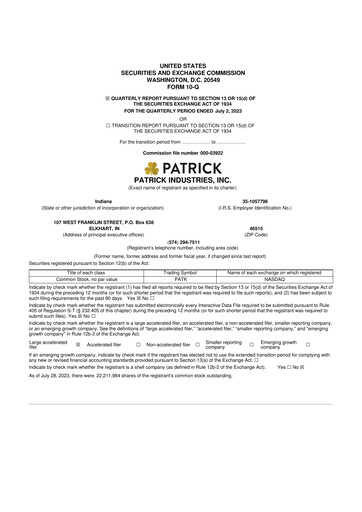 Thumbnail Patrick Industries 10-Q Quarterly Report FY2023 
