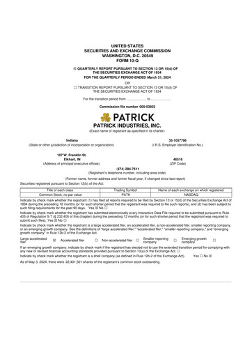 Thumbnail Patrick Industries 10-Q Quarterly Report FY2024 