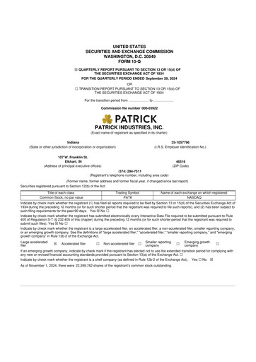 Thumbnail Patrick Industries 10-Q Quarterly Report FY2024 