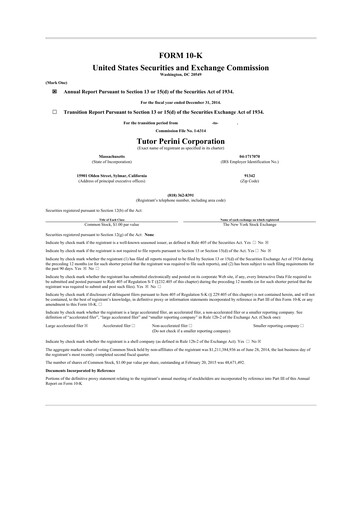 Miniature Tutor Perini Corporation
 10-K Rapport annuel 2014