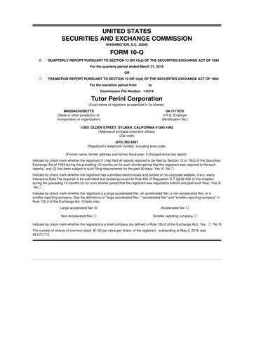 Miniature Tutor Perini Corporation
 10-Q Rapport trimestriel 2016 