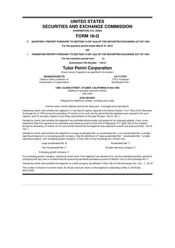 Miniature Tutor Perini Corporation
 10-Q Rapport trimestriel 2018 