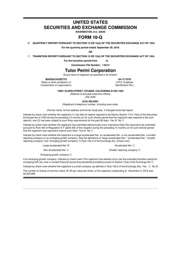 Miniature Tutor Perini Corporation
 10-Q Rapport trimestriel 2018 