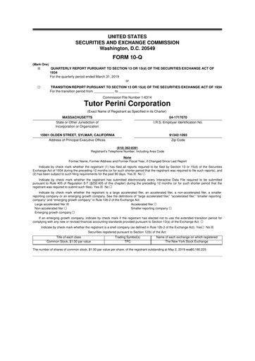 Miniature Tutor Perini Corporation
 10-Q Rapport trimestriel 2019 