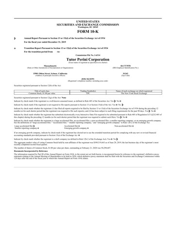 Miniature Tutor Perini Corporation
 10-K Rapport annuel 2019