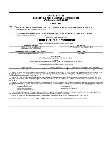 Miniature Tutor Perini Corporation
 10-Q Rapport trimestriel 2020 