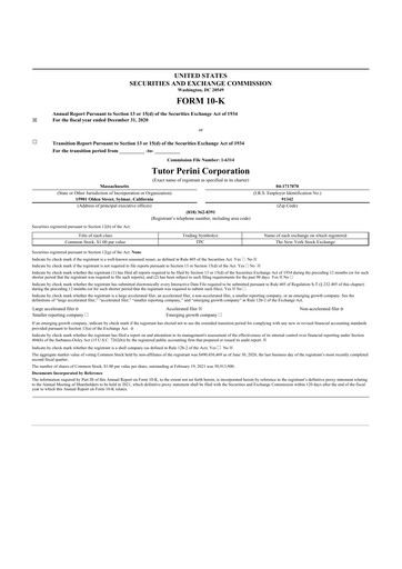 Miniature Tutor Perini Corporation
 10-K Rapport annuel 2020