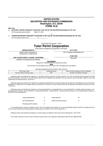 Miniature Tutor Perini Corporation
 10-Q Rapport trimestriel 2021 