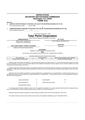 Miniature Tutor Perini Corporation
 10-Q Rapport trimestriel 2023 