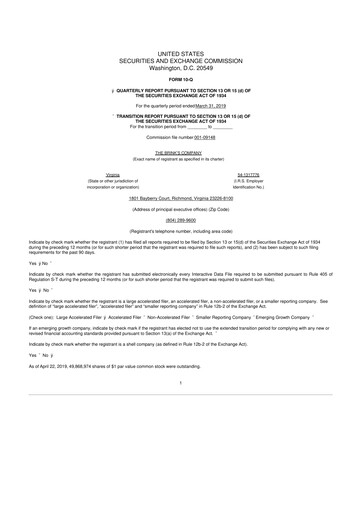 Thumbnail Brink's
 10-Q Quarterly Report FY2019 