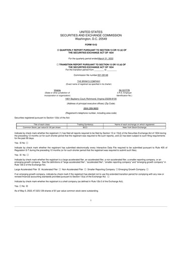 Thumbnail Brink's
 10-Q Quarterly Report FY2022 