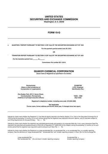 Miniature Quaker Houghton 10-Q Rapport trimestriel 2012 