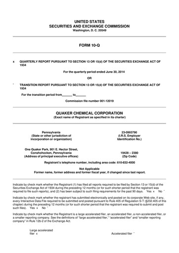Miniature Quaker Houghton 10-Q Rapport trimestriel 2014 