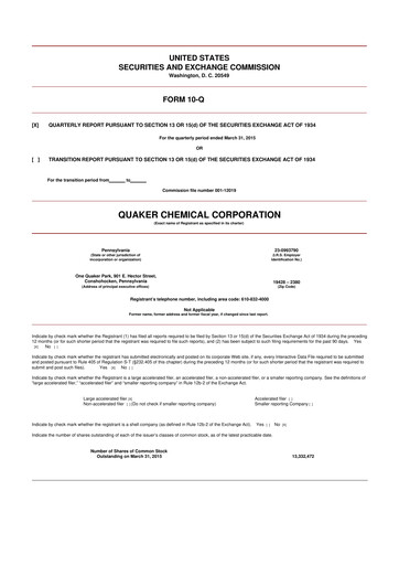 Miniature Quaker Houghton 10-Q Rapport trimestriel 2015 