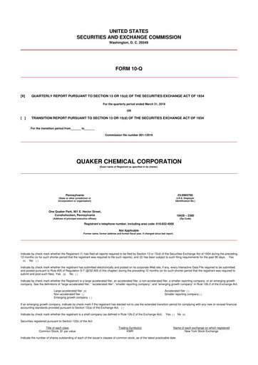 Miniature Quaker Houghton 10-Q Rapport trimestriel 2019 