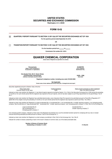 Miniature Quaker Houghton 10-Q Rapport trimestriel 2019 