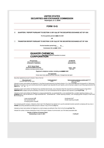 Miniature Quaker Houghton 10-Q Rapport trimestriel 2021 