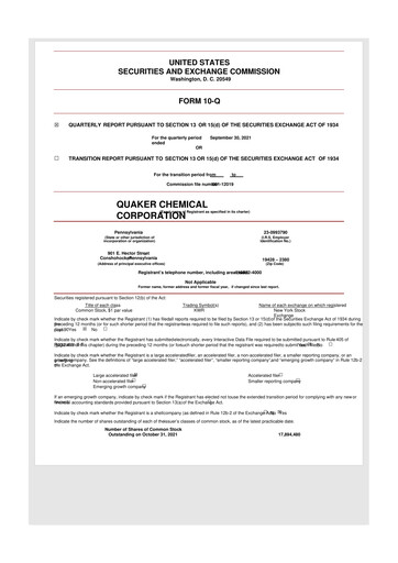 Miniature Quaker Houghton 10-Q Rapport trimestriel 2021 