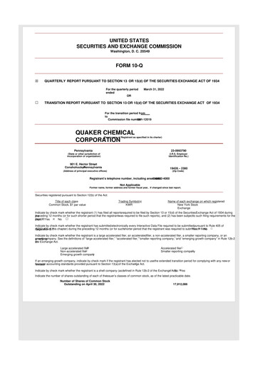 Miniature Quaker Houghton 10-Q Rapport trimestriel 2022 