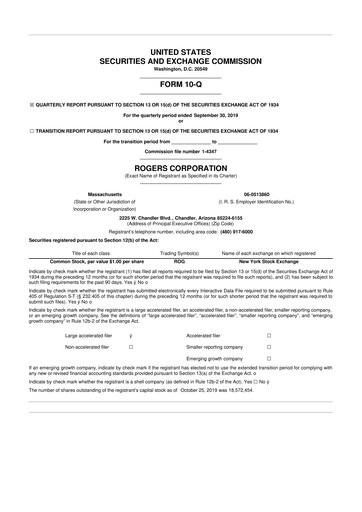 Thumbnail Rogers Corporation
 10-Q Quarterly Report FY2019 