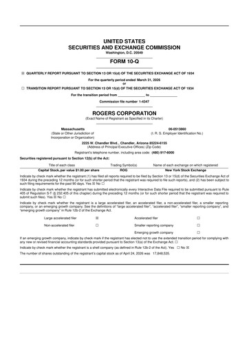 Thumbnail Rogers Corporation
 10-Q Quarterly Report FY 