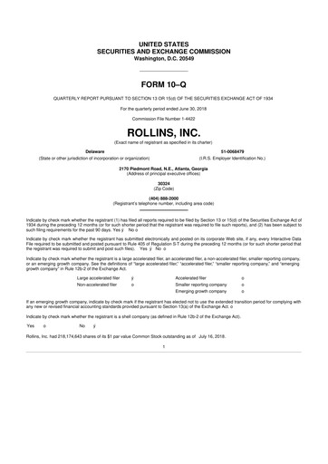 Miniature Rollins 10-Q Rapport trimestriel 2018 