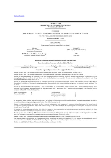 Thumbnail Rollins 10-K Annual Report 2022